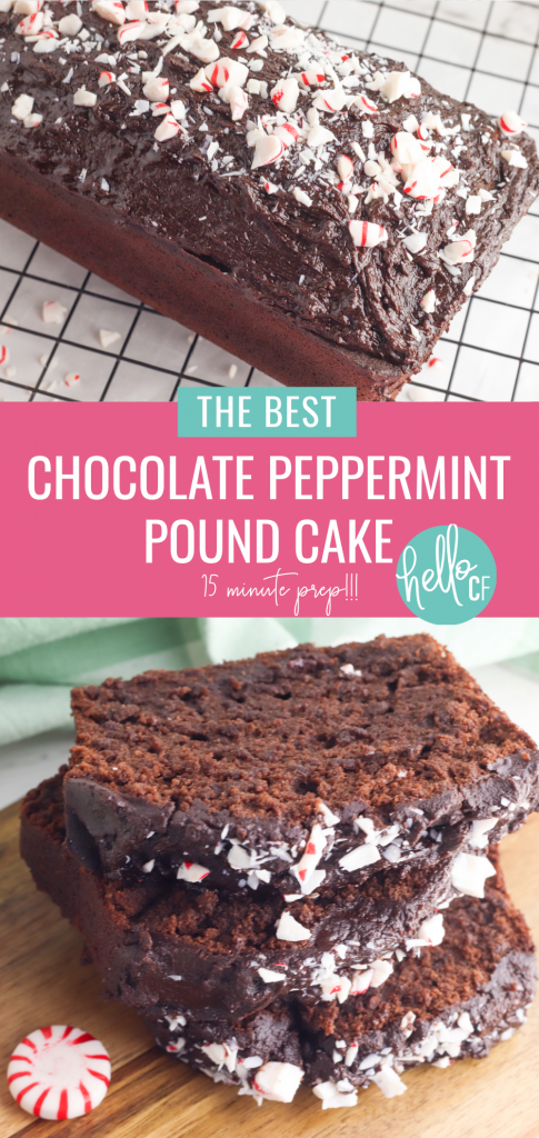 Looking for the best chocolate pound cake recipe you've ever tasted? You've found it! This chocolate peppermint pound cake recipe is moist, delicious and full of flavor! It can also be prepped in just 15 minutes... and who doesn't love a quick and easy dessert recipe! Perfect for tea, brunch or any time you are entertaining or want a sweet treat! A chocolate lovers dream come true! #Chocolate #peppermint #poundcake #loaf #loaves #dessert #brunch #chocolatepeppermint #candycane #baking #Recipe