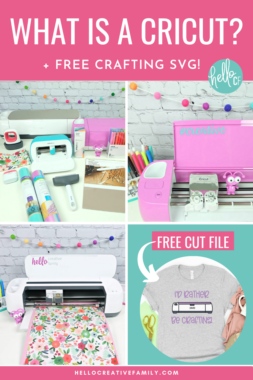 Do you love crafting? We do too! Have you ever wondered "What Is A Cricut Cutting Machine?" Be prepared to have your crafting and DIY life changed forever in this ultimate Cricut guide! We're answering all of your Cricut questions about what is a Cricut Maker, Cricut Explore Air 2 and Cricut Joy and we're also sharing a free craft SVG that says "I'd Rather Be Crafting" and has a drawing of a Cricut.