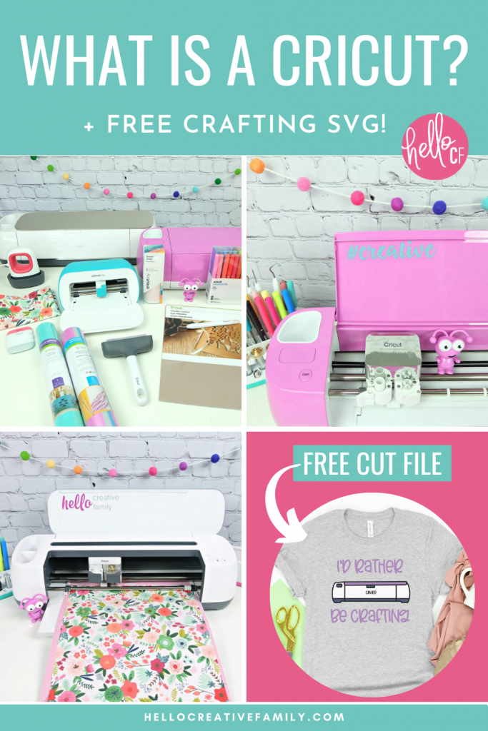 Do you love crafting? We do too! Have you ever wondered "What Is A Cricut Cutting Machine?" Be prepared to have your crafting and DIY life changed forever in this ultimate Cricut guide! We're answering all of your Cricut questions about what is a Cricut Maker, Cricut Explore Air 2 and Cricut Joy and we're also sharing a free craft SVG that says "I'd Rather Be Crafting" and has a drawing of a Cricut.