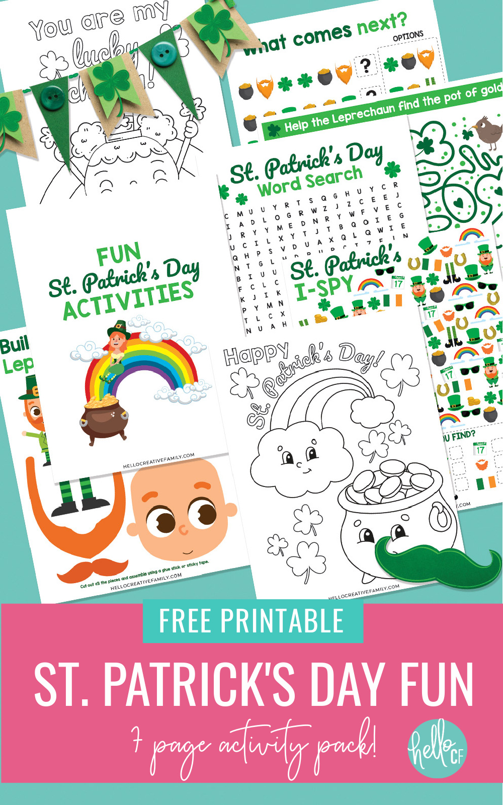 Get ready for some St Patty's Day fun with this St Patricks Day Printable Activity Pack! Filled with 7 pages of fun for kids including coloring sheets, a leprechaun pot of gold maze, word search, I-Spy, complete the pattern and build a leprechaun! Hours of St. Patrick's Day fun for elementary school kids! Perfect for homeschooling!