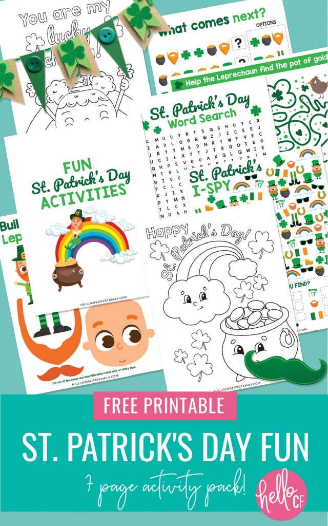 Get ready for some St Patty's Day fun with this St Patricks Day Printable Activity Pack! Filled with 7 pages of fun for kids including coloring sheets, a leprechaun pot of gold maze, word search, I-Spy, complete the pattern and build a leprechaun! Hours of St. Patrick's Day fun for elementary school kids! Perfect for homeschooling!