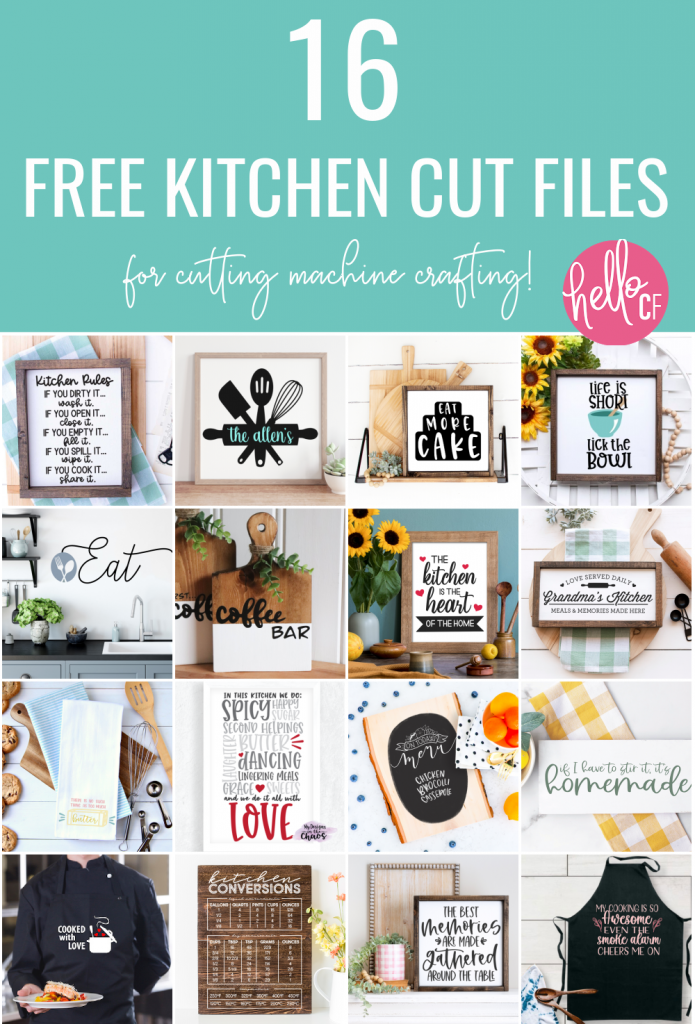 Make crafts for the kitchen! We're sharing 16 free kitchen cut files including a custom name svg for making a family name signs! Make adorable handmade gifts using your Cricut or Silhouette including signs, aprons, mugs, mixing bowls and more!