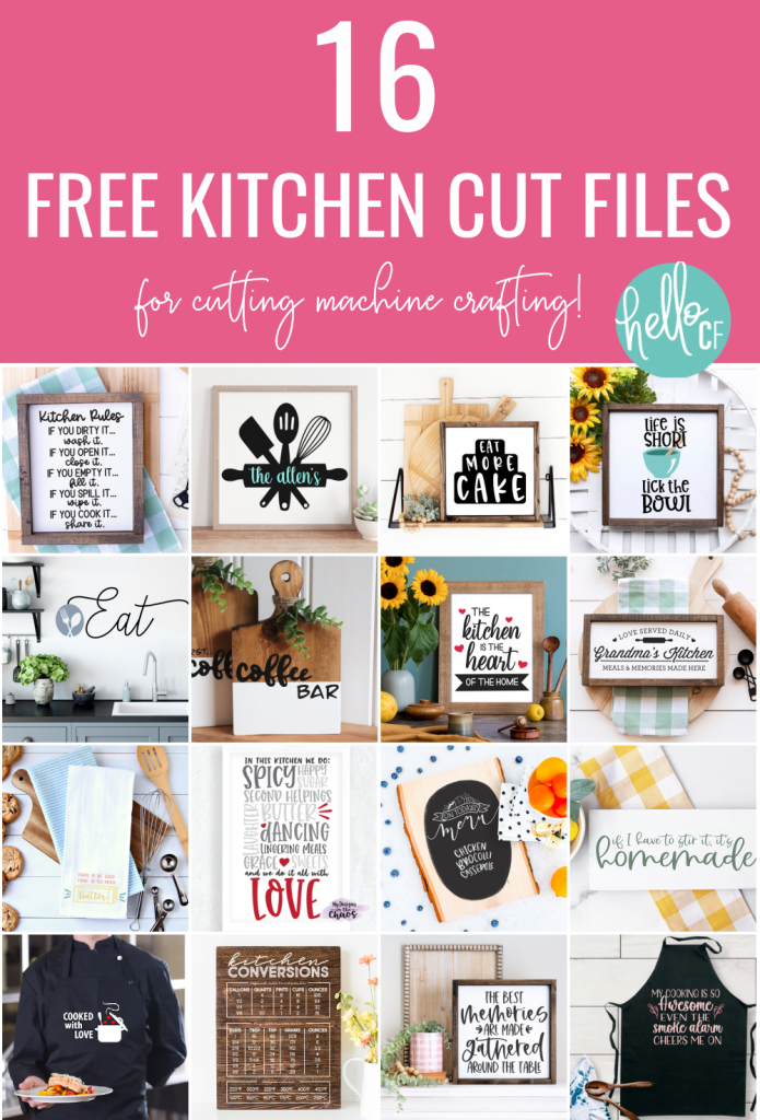 Make crafts for the kitchen! We're sharing 16 free kitchen cut files including a custom name svg for making a family name signs! Make adorable handmade gifts using your Cricut or Silhouette including signs, aprons, mugs, mixing bowls and more!