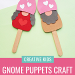 Are you as crazy for adorable gnomes as we are? This Popsicle Stick Kids Craft is so cute! Make DIY Gnome Puppets! Switch up the colors and embellishment on the gnome to change it from a Valentine Craft, to a St. Patrick's Day Craft to a Christmas craft and more! Comes with a free printable template.
