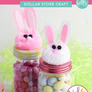 Get ready for Easter with this adorable Kids Easter Craft! We're making Easy DIY Easter Bunny Treat Jars using supplies that are all available at the dollar store or your local craft store! Fill these adorable mason jars with Cadbury Mini Eggs, Jelly Beans or other Easter Candy. Perfect for friend, teacher or neighbor Easter gifts! Have fun crafting with supplies from The Dollar Tree or Dollarama!