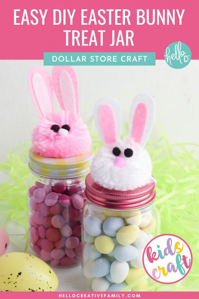 Get ready for Easter with this adorable Kids Easter Craft! We're making Easy DIY Easter Bunny Treat Jars using supplies that are all available at the dollar store or your local craft store! Fill these adorable mason jars with Cadbury Mini Eggs, Jelly Beans or other Easter Candy. Perfect for friend, teacher or neighbor Easter gifts! Have fun crafting with supplies from The Dollar Tree or Dollarama!