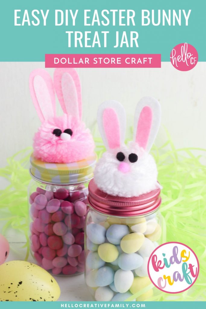 Get ready for Easter with this adorable Kids Easter Craft! We're making Easy DIY Easter Bunny Treat Jars using supplies that are all available at the dollar store or your local craft store! Fill these adorable mason jars with Cadbury Mini Eggs, Jelly Beans or other Easter Candy. Perfect for friend, teacher or neighbor Easter gifts! Have fun crafting with supplies from The Dollar Tree or Dollarama!  