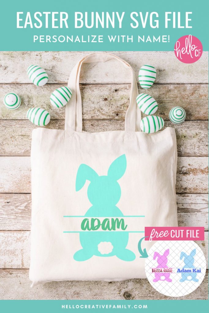 Who wants a free cut file for making adorable Easter crafts with their Cricut? Use this free Easter Bunny SVG for making DIY easter baskets, mugs, kids shirts and more! Personalize with your child's name or a monogram for a one of a kind Easter basket gift! The perfect Easter project with the Cricut Maker, Cricut Explore Air 2 or Cricut Joy!