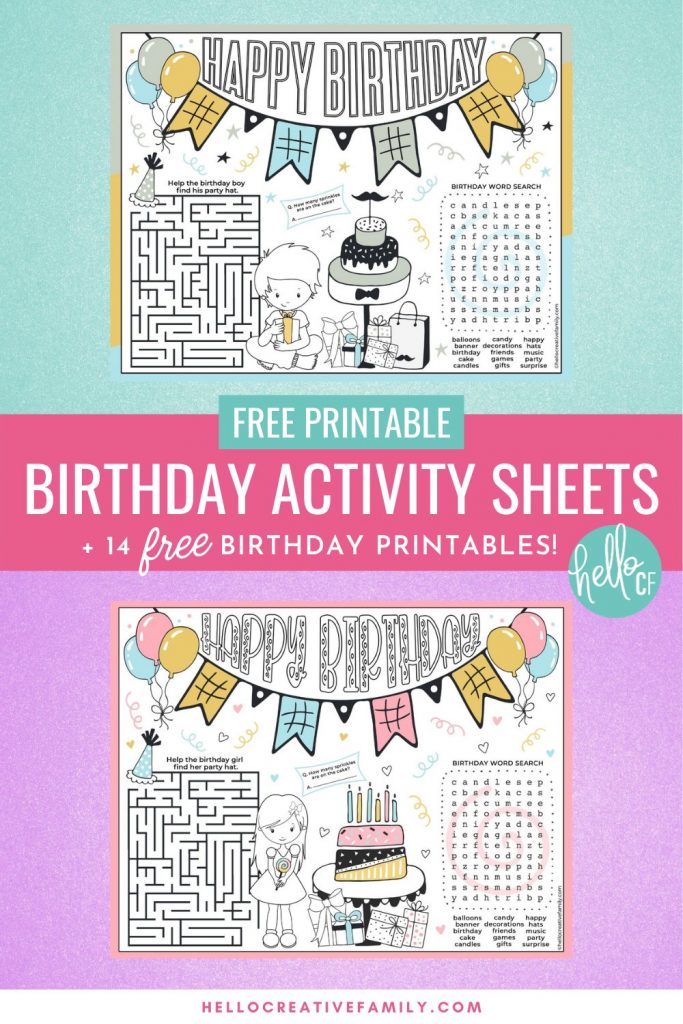 Make birthdays extra fun for the birthday girl or birthday boy with these free birthday activity sheet placemats! We've got two to choose from that have a birthday coloring sheet, tic-tac-toe, a maze, count the sprinkles and a birthday word search! Also includes links to 14 free birthday printables! Perfect for birthday party activities! 