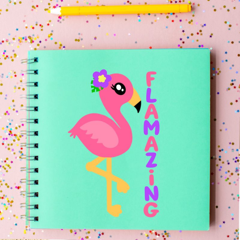 DIY Flamingo Notebook made with Cricut and  free Flamazing Flamingo Cut File from Hello Creative Family