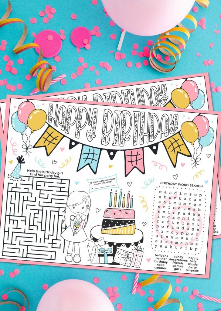 Birthday Girl Activity Placemat on blue backdrop with confetti, balloons and candles.