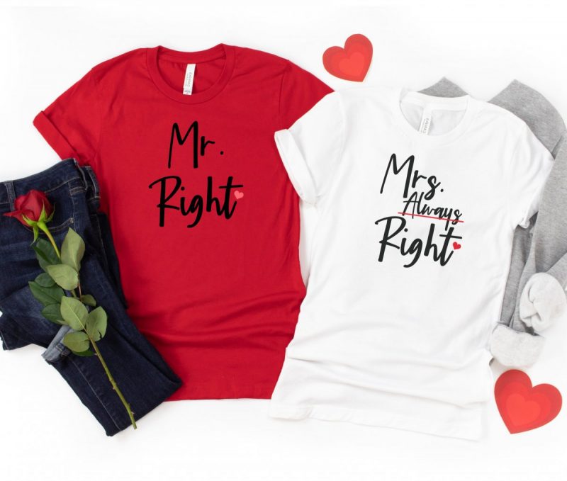 Red shirt that says Mr Right and White Shirt that says Mrs Always Right. Husband and wife shirts.