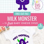 Download these free baby onesie SVGs for making handmade baby shower gifts! These designs are too stinking cute and perfect for making DIY clothing for your new addition using your Cricut or other electronic cutting machine. Includes a Milk Monster design with the cutest little monster along with 13 free baby shower cut files!