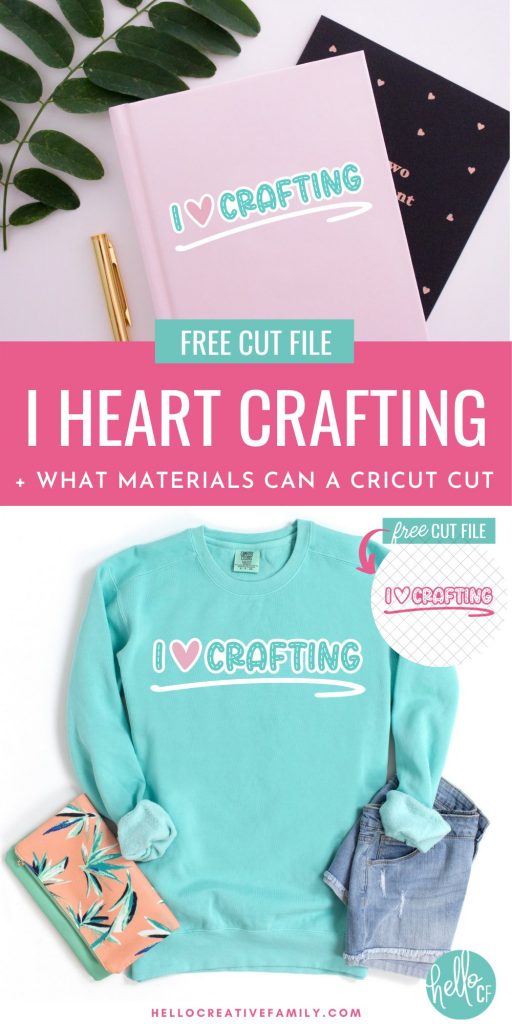 If you love crafting then you are going to want to download this free I Heart Crafting SVG file! It's just as cute as can be and perfect for making DIY shirts, mugs, notebooks and more using your Cricut Maker, Cricut Explore Air 2 or Cricut Joy. This blog post also includes a complete list of what materials you can cut with your Cricut along with 16 projects for Cricut Beginners.