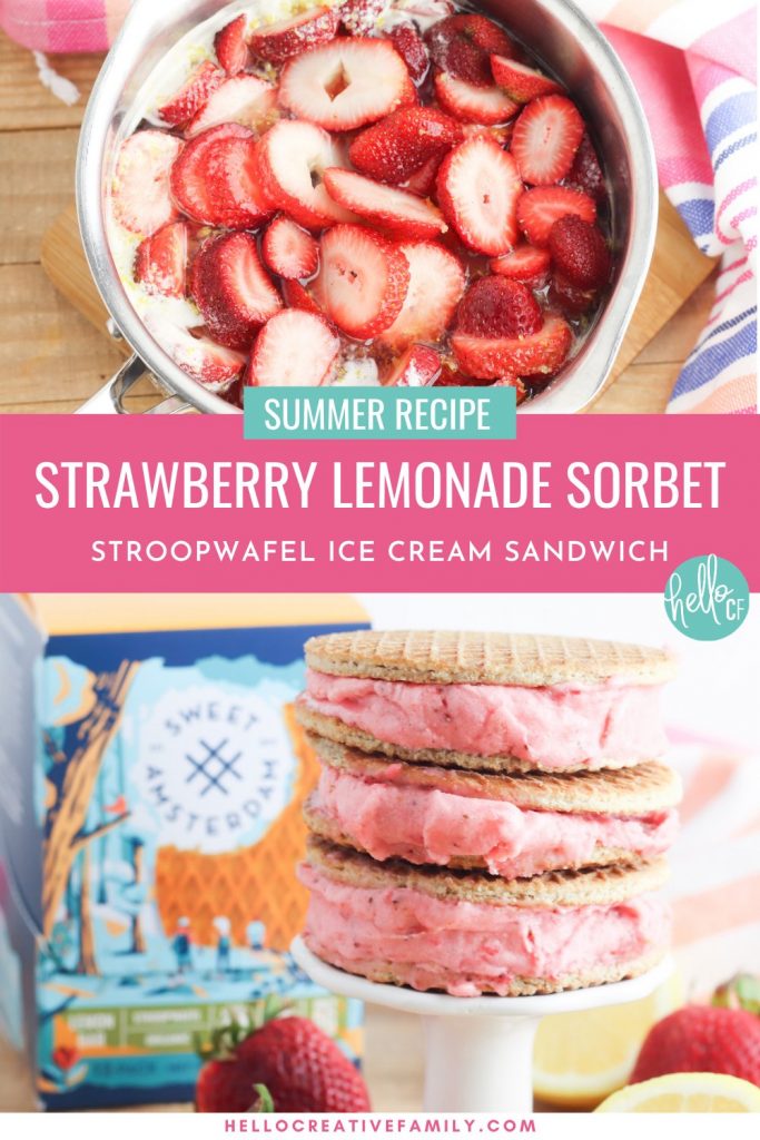 Oh. My. Yum! Get ready for all the flavors of summer with this delicious Strawberry Lemonade Sorbet Ice Cream Sandwich Recipe! Delicious and easy to make, this recipe uses Sweet Amsterdam lemon bar stroopwafels as the sandwich and homemade sorbet using sweet summer strawberries as the filling! A delicious dessert idea that the whole family (kids and parents!) will love!