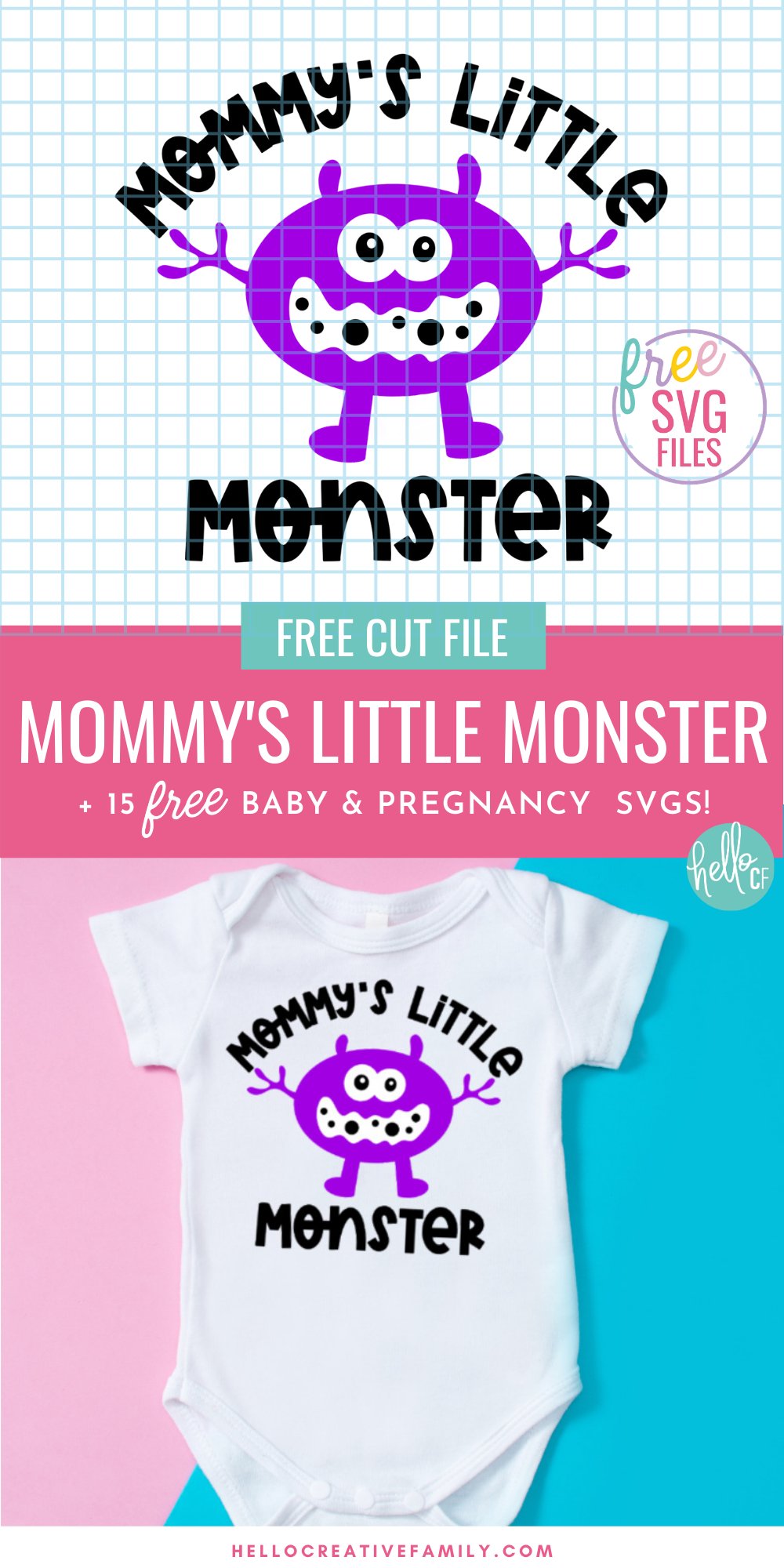 Looking for a handmade baby shower gift idea? This free Mommy's Little Monster SVG File is perfect for making DIY baby onesies using your Cricut or Silhouette! Also find a Little Monster mix and match bundle with 5 different monsters and different family member names including nana, papa and daddy.  #babyshower #BabyGift #PregnancySVG #BabyGiftSVG #BabySVG #Cricut #Silhouette #CricutMade #CricutCreated #LittleMonster #monster