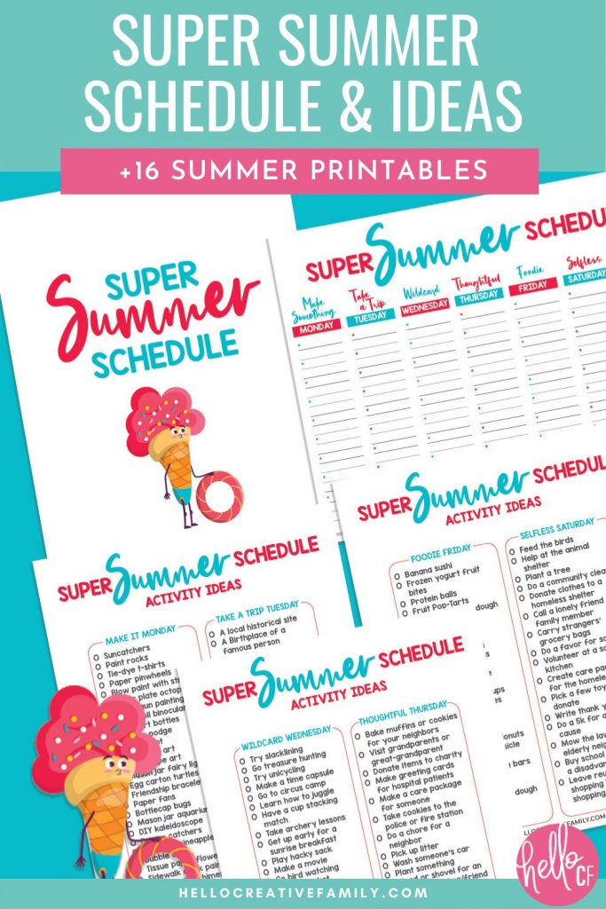 Avoid "I'm Bored!" this summer with our Super Summer Schedule! This fun printable has a different theme idea for each day of the week, activity ideas for each theme and a schedule to write the activities down on! With themes like "Make It Monday", "Thoughtful Thursday" and "Foodie Friday" your kids are going to have the most fun summer ever! We're also sharing 16 free summer printables for extra summer break kids activities fun!