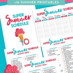 Avoid "I'm Bored!" this summer with our Super Summer Schedule! This fun printable has a different theme idea for each day of the week, activity ideas for each theme and a schedule to write the activities down on! With themes like "Make It Monday", "Thoughtful Thursday" and "Foodie Friday" your kids are going to have the most fun summer ever! We're also sharing 16 free summer printables for extra summer break kids activities fun!