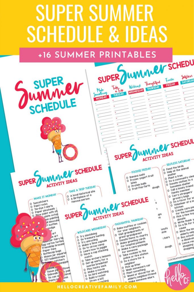Avoid "I'm Bored!" this summer with our Super Summer Schedule! This fun printable has a different theme idea for each day of the week, activity ideas for each theme and a schedule to write the activities down on! With themes like "Make It Monday", "Thoughtful Thursday" and "Foodie Friday" your kids are going to have the most fun summer ever! We're also sharing 16 free summer printables for extra summer break kids activities fun!