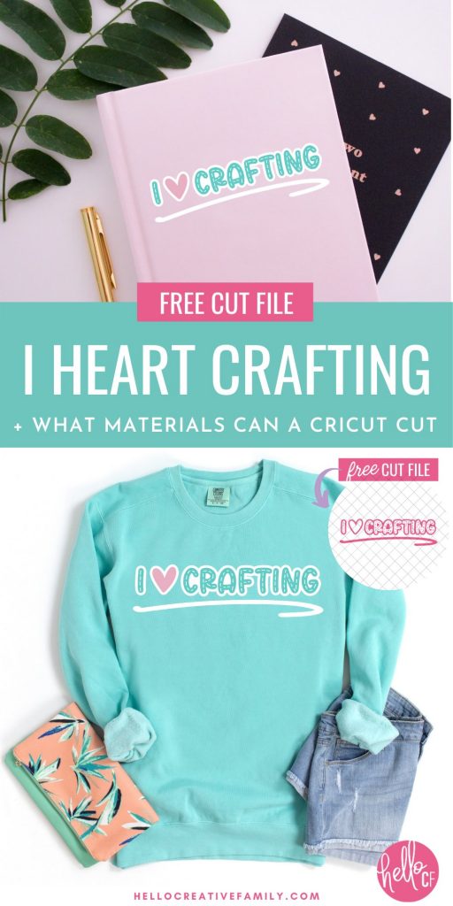 If you love crafting then you are going to want to download this free I Heart Crafting SVG file! It's just as cute as can be and perfect for making DIY shirts, mugs, notebooks and more using your Cricut Maker, Cricut Explore Air 2 or Cricut Joy. This blog post also includes a complete list of what materials you can cut with your Cricut along with 16 projects for Cricut Beginners.