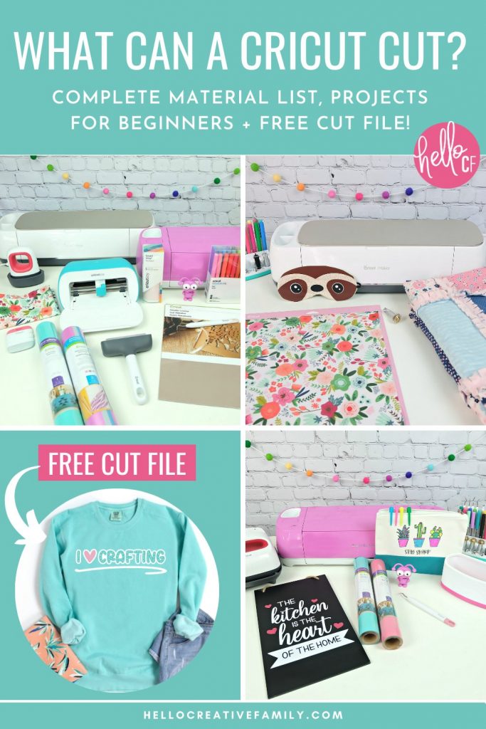 Have you ever wondered "What Materials Can a Cricut Cut?" If so, we've got a complete material list showing what you can cut with the Cricut Maker, Cricut Explore Air 2 and Cricut Joy. We're also sharing 16 Cricut projects for beginners as well as a free I Love Crafting SVG cut file! If you are a Cricut beginner, you will want to check out all of Hello Creative Family Cricut Basics series.