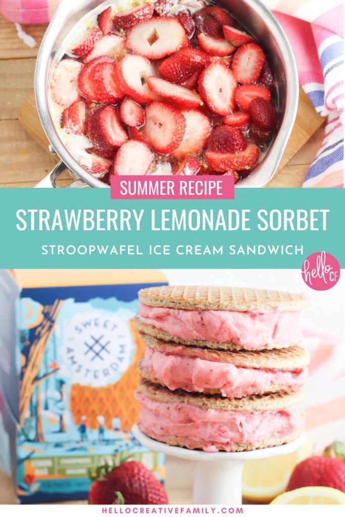 Oh. My. Yum! Get ready for all the flavors of summer with this delicious Strawberry Lemonade Sorbet Ice Cream Sandwich Recipe! Delicious and easy to make, this recipe uses Sweet Amsterdam lemon bar stroopwafels as the sandwich and homemade sorbet using sweet summer strawberries as the filling! A delicious dessert idea that the whole family (kids and parents!) will love!