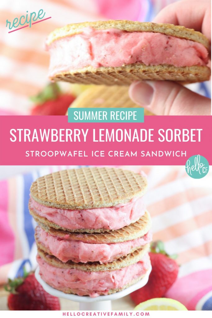 Oh. My. Yum! Get ready for all the flavors of summer with this delicious Strawberry Lemonade Sorbet Ice Cream Sandwich Recipe! Delicious and easy to make, this recipe uses Sweet Amsterdam lemon bar stroopwafel cookies as the sandwich and homemade sorbet using sweet summer strawberries as the filling! A delicious dessert idea that the whole family (kids and parents!) will love!