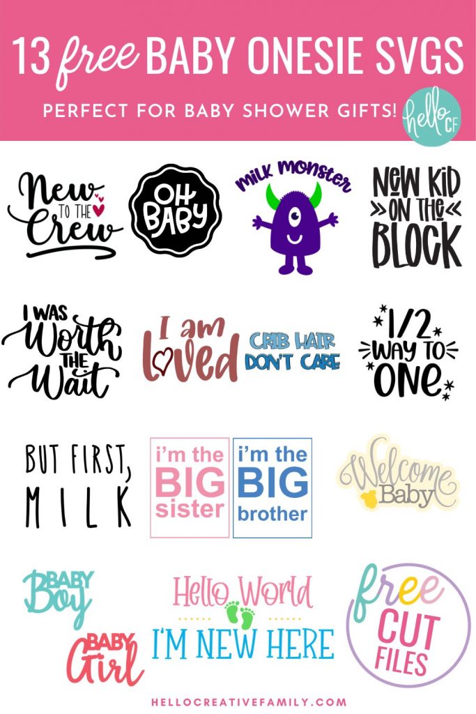 Download these free baby onesie SVGs for making handmade baby shower gifts! These designs are too stinking cute and perfect for making DIY clothing for your new addition using your Cricut or other electronic cutting machine. Includes a Milk Monster design with the cutest little monster along with 13 free baby shower cut files!