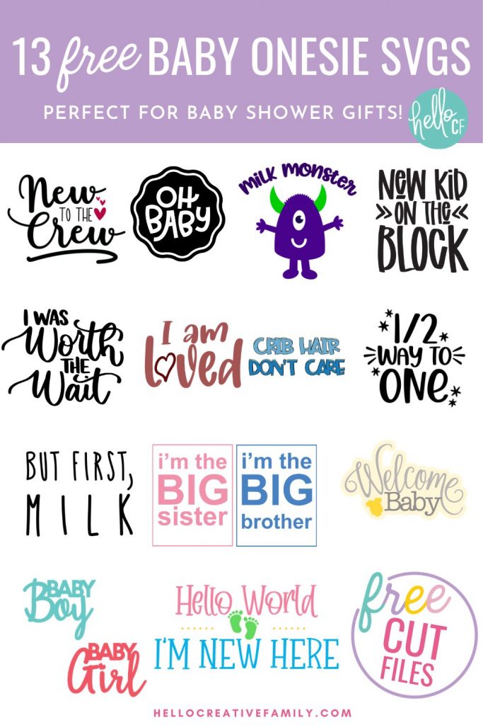 Download these free baby onesie SVGs for making handmade baby shower gifts! These designs are too stinking cute and perfect for making DIY clothing for your new addition using your Cricut or other electronic cutting machine. Includes a Milk Monster design with the cutest little monster along with 13 free baby shower cut files!