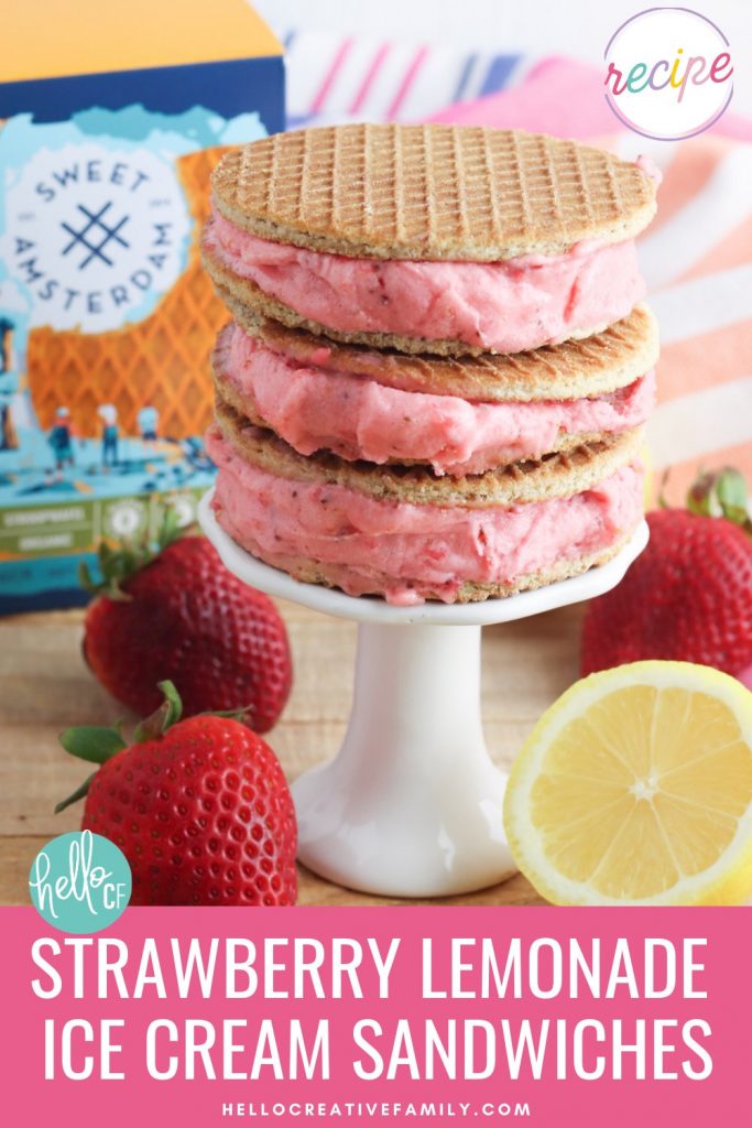 Oh. My. Yum! Get ready for all the flavors of summer with this delicious Strawberry Lemonade Sorbet Ice Cream Sandwich Recipe! Delicious and easy to make, this recipe uses Sweet Amsterdam lemon bar stroopwafels as the sandwich and homemade sorbet using sweet summer strawberries as the filling! A delicious dessert idea that the whole family (kids and parents!) will love!