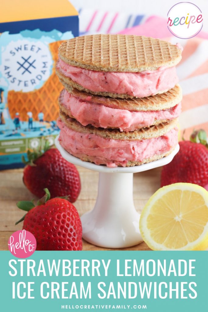 Oh. My. Yum! Get ready for all the flavors of summer with this delicious Strawberry Lemonade Sorbet Ice Cream Sandwich Recipe! Delicious and easy to make, this recipe uses Sweet Amsterdam lemon bar stroopwafels as the sandwich and homemade sorbet using sweet summer strawberries as the filling! A delicious dessert idea that the whole family (kids and parents!) will love!