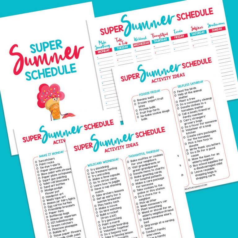 Avoid "I'm Bored!" this summer with our Super Summer Schedule! This fun printable has a different theme idea for each day of the week, activity ideas for each theme and a schedule to right the activities down on! With themes like "Make It Monday", "Thoughtful Thursday" and "Foodie Friday" your kids are going to have the most fun summer ever! We're also sharing 16 free summer printables for extra summer break kids activities fun!