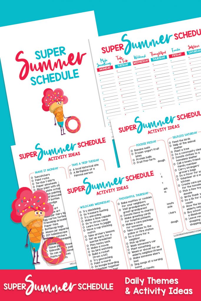 Avoid "I'm Bored!" this summer with our Super Summer Schedule! This fun printable has a different theme idea for each day of the week, activity ideas for each theme and a schedule to write the activities down on! With themes like "Make It Monday", "Thoughtful Thursday" and "Foodie Friday" your kids are going to have the most fun summer ever! We're also sharing 16 free summer printables for extra summer break kids activities fun!