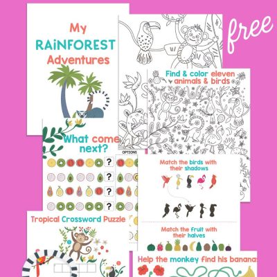Take a virtual tropical getaway with this this free Rainforest Activity Sheets Printable from Hello Creative Family and EnviroKidz! Includes two jungle coloring sheets, a maze, match games, patterns and tropical crossword puzzles. A fun jungle activity pack for elementary school aged kids!