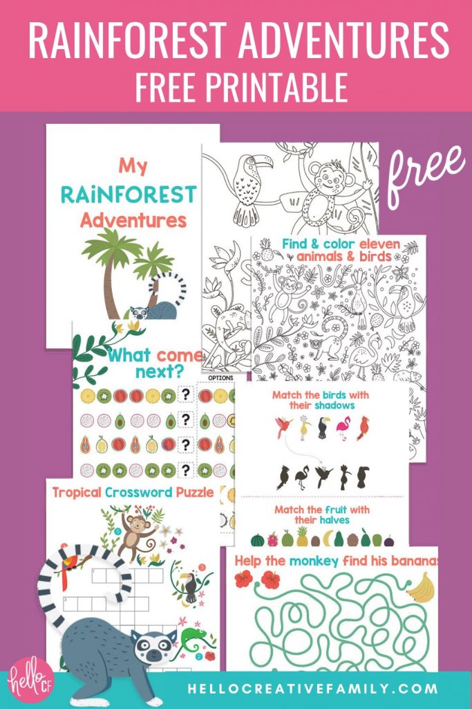 Take a virtual tropical getaway with this this free Rainforest Activity Sheets Printable from Hello Creative Family and EnviroKidz! Includes two jungle coloring sheets, a maze, match games, patterns and tropical crossword puzzles. A fun jungle activity pack for elementary school aged kids!