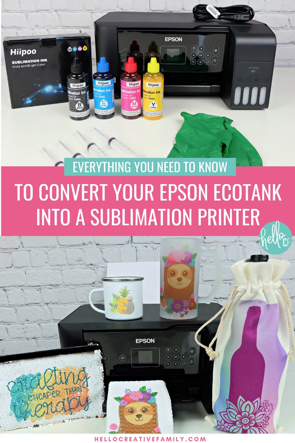 Sublimation printing is the newest hot crafting trend! Traditional sublimation printers can be expensive, so we are sharing how easy it is to convert an Epson EcoTank Printer into a sublimation printer so you can create incredible sublimation crafting projects! This post covers all of your questions and shares step by step instructions and photos for converting your Epson EcoTank printer in minutes!