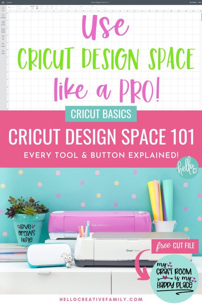 In this Free Cricut Design Space 101 Lesson, you'll learn everything you need to know to use Cricut Design Space like a pro. Written by bestselling Cricut craft book author and Cricut craft blogger, Crystal Allen from Hello Creative Family. Every button and tool in Design Space is covered with photos and examples of how to use it. Also includes a free My Craft Room Is My Happy Place SVG file. Perfect for new owners of the Cricut Maker, Cricut Explore Air 2, and Cricut Joy.
