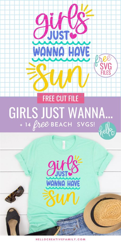 Get ready for summers at the lake or ocean by downloading these free beach SVGs for summer Cricut crafting fun! These designs are too stinking cute and perfect for making DIY t-shirts, tank tops, beach bags, wine tumblers and more for summer! Includes a Girls Just Wanna Have Sun design for all of the 80's music lovers along with 13 free beach cut files!