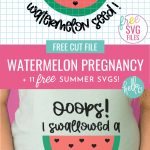 Get ready for some summer Cricut crafting fun with these 11 free summer SVG files! Easy to use for DIY t-shirts, tank tops, beach bags and more! Includes an "I Swallowed A Watermelon Seed" cut file that's perfect for DIY maternity wear.