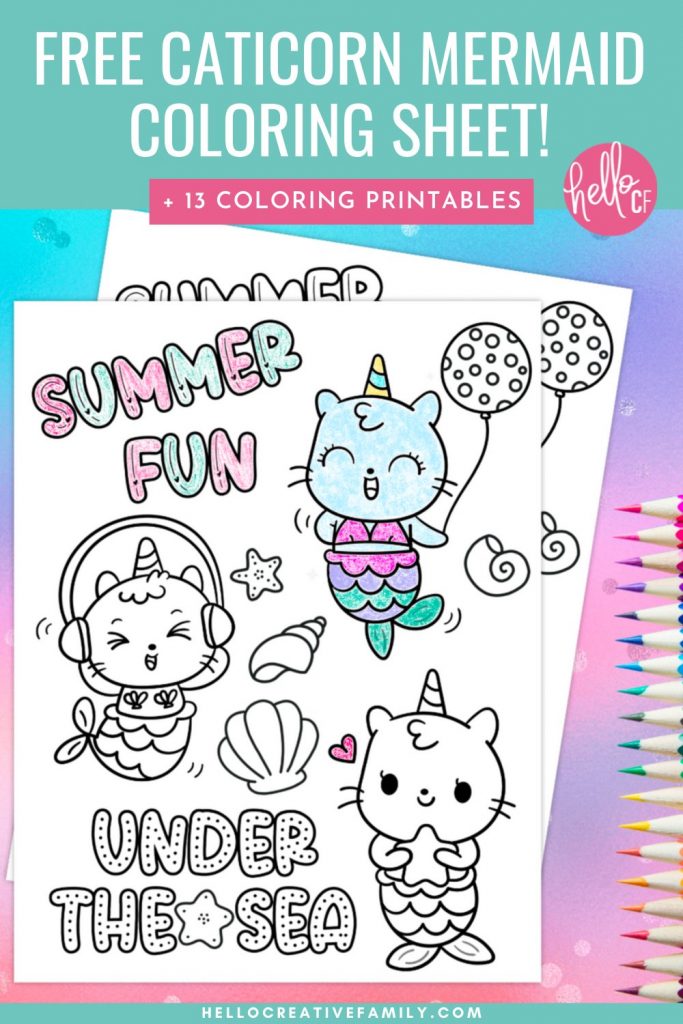 Have some magical summer fun with our Caticorn Mermaid Coloring Sheet along with 13 free printable coloring pages for adults and kids. Print these activity sheets out for fun activities to keep kids entertained while on travelling, on planes, at dinner and more! Perfect for birthday parties!