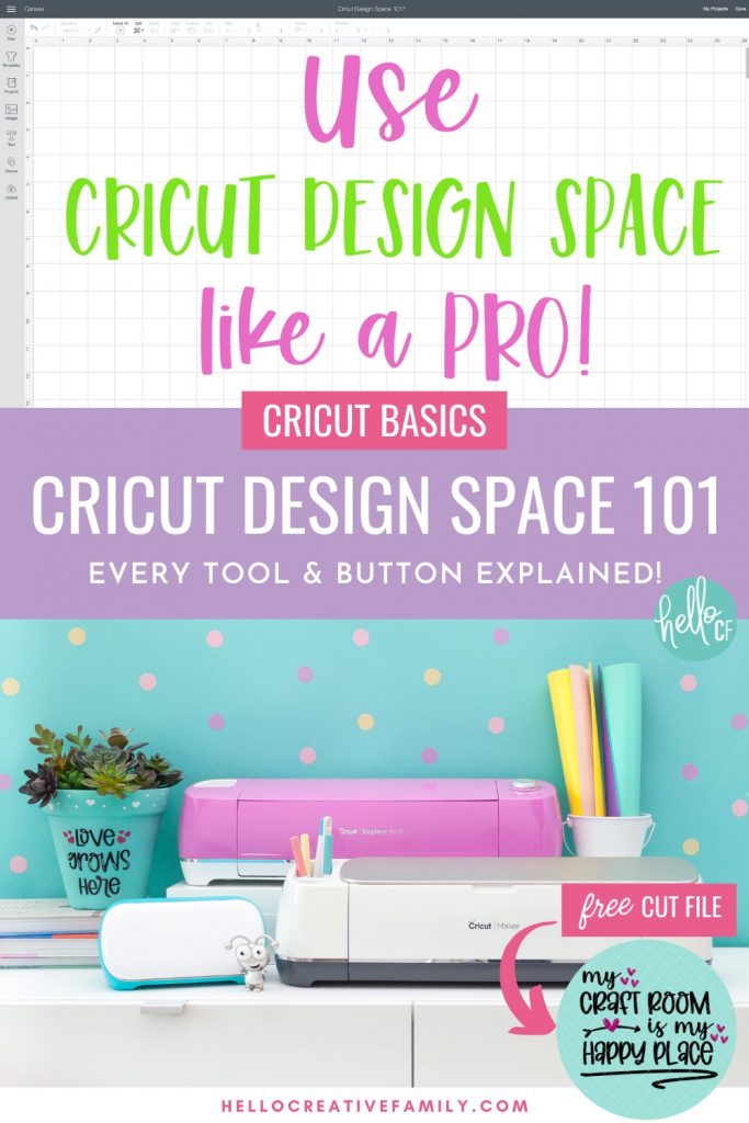 In this Free Cricut Design Space 101 Lesson, you'll learn everything you need to know to use Cricut Design Space like a pro. Written by bestselling Cricut craft book author and Cricut craft blogger, Crystal Allen from Hello Creative Family. Every button and tool in Design Space is covered with photos and examples of how to use it. Also includes a free My Craft Room Is My Happy Place SVG file. Perfect for new owners of the Cricut Maker, Cricut Explore Air 2, and Cricut Joy.