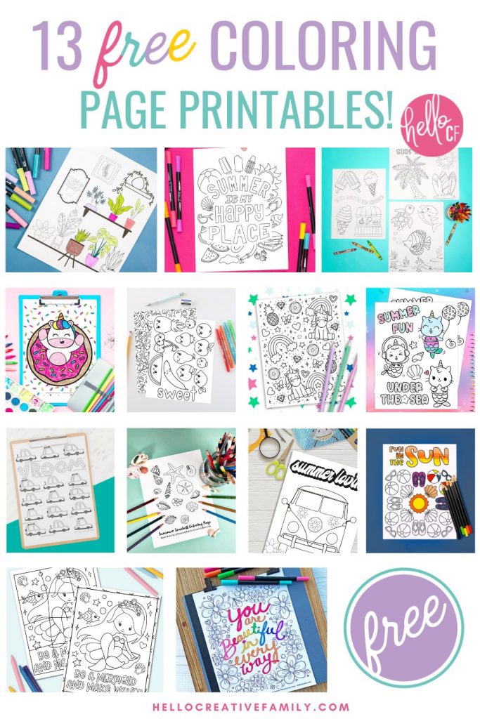 Collage of 13 free coloring sheet printables
