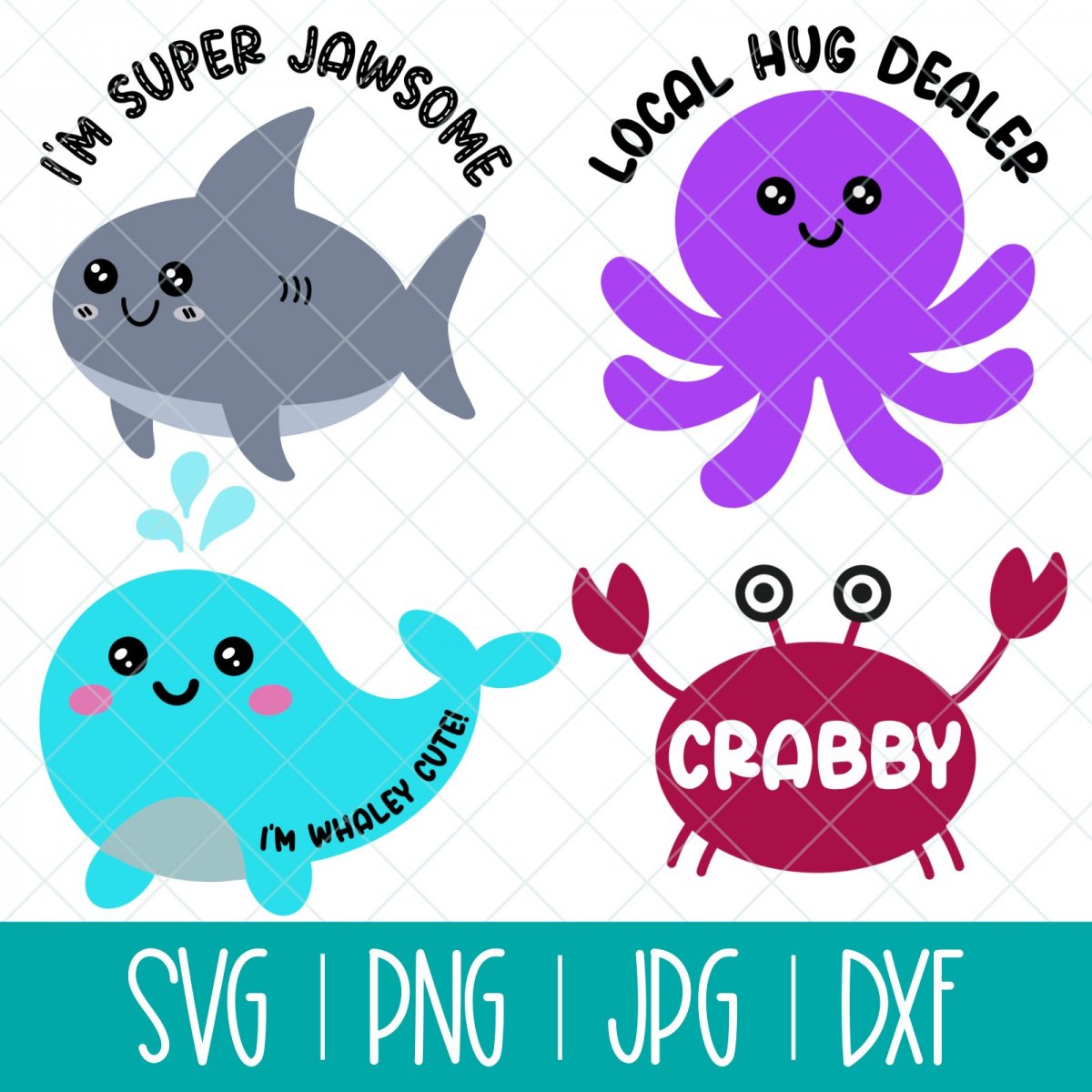 Cute Kawaii Ocean Animals SVG Bundle- Whale, Shark, Octopus and Crab