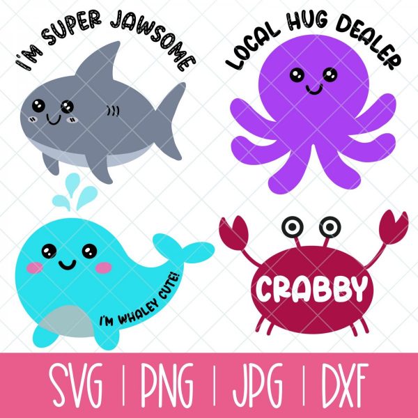 This cute Kawaii ocean animals SVG bundle is so much fun and perfect for making crafts for babies, toddlers, kids and heck even yourself! Use these beach cut files to make shirts, onesies, mugs, beach bags and more with your Cricut Maker, Cricut Explore Air 2, Cricut Joy, Silhouette Cameo or other electronic cutting machine!  This bundle includes 4 designs: Crabby Crab, I'm Super Jawsome Shark, Local Hug Dealer Octopus, I'm Whaley Cute Whale
