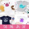This cute Kawaii ocean animals SVG bundle is so much fun and perfect for making crafts for babies, toddlers, kids and heck even yourself! Use these beach cut files to make shirts, onesies, mugs, beach bags and more with your Cricut Maker, Cricut Explore Air 2, Cricut Joy, Silhouette Cameo or other electronic cutting machine!  This bundle includes 4 designs: Crabby Crab, I'm Super Jawsome Shark, Local Hug Dealer Octopus, I'm Whaley Cute Whale