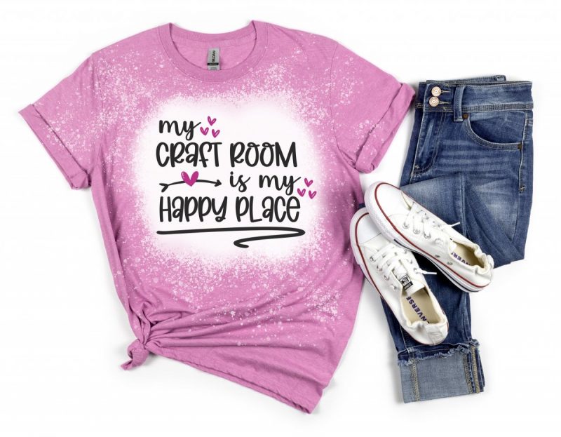 Pink and white bleach splattered shirt with My Craft Room Is My Happy Place on the front.