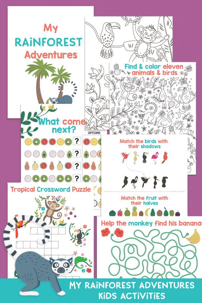 Take a virtual tropical getaway with this this free Rainforest Activity Sheets Printable from Hello Creative Family and EnviroKidz! Includes two jungle coloring sheets, a maze, match games, patterns and tropical crossword puzzles. A fun jungle activity pack for elementary school aged kids!