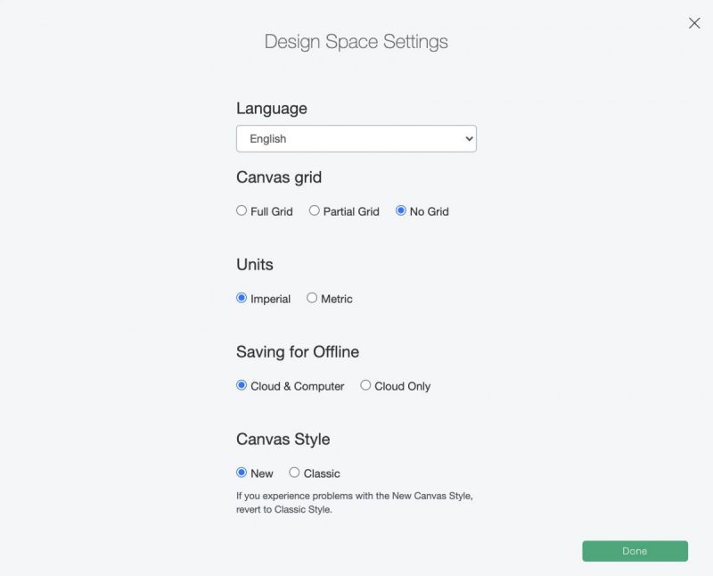 Options under settings in Cricut Design Space