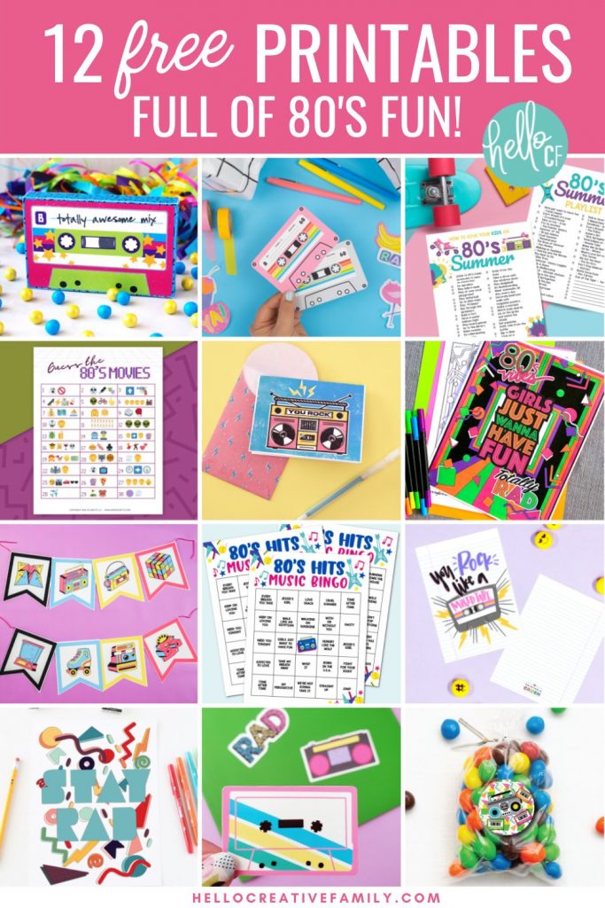 Get ready for big hair, roller skates, boom boxes cassette tapes with our How To Give Your Kids An 80's Summer printable! This download has a ton of 80's summer bucket list items that will get your kids feeling like kids and enjoying each day all summer long! Also includes a fun 80's summer playlist that they can play on repeat. Make sure you also check out the X free 80's printables including cards, stickers, coloring sheets and more!