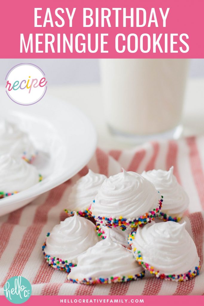 Get ready for a simple and easy birthday dessert idea that packs a ton of pizzaz with this birthday meringue cookies recipe! These beautiful white peaked meringues are dipped in white chocolate and covered in rainbow sprinkles for a fun and festive sweet birthday treat! This recipe uses just 5 ingredients and are just as cute as can be!